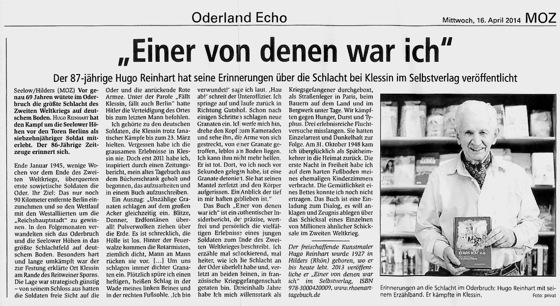 Pressebericht vom Oderland Echo ber das Buch >>Einer von denen war ich<< 
